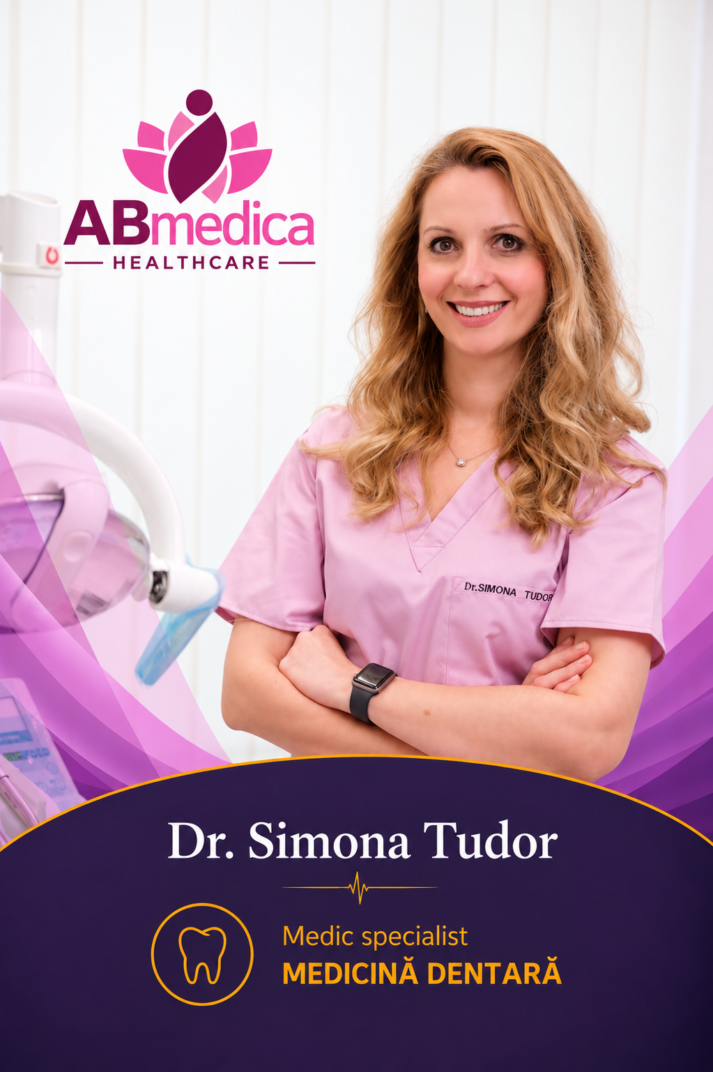 Dr. Simona Tudor, medic specialist în medicină dentară la Clinica AB Medica din Pitești, fotografiată într-un cabinet stomatologic.