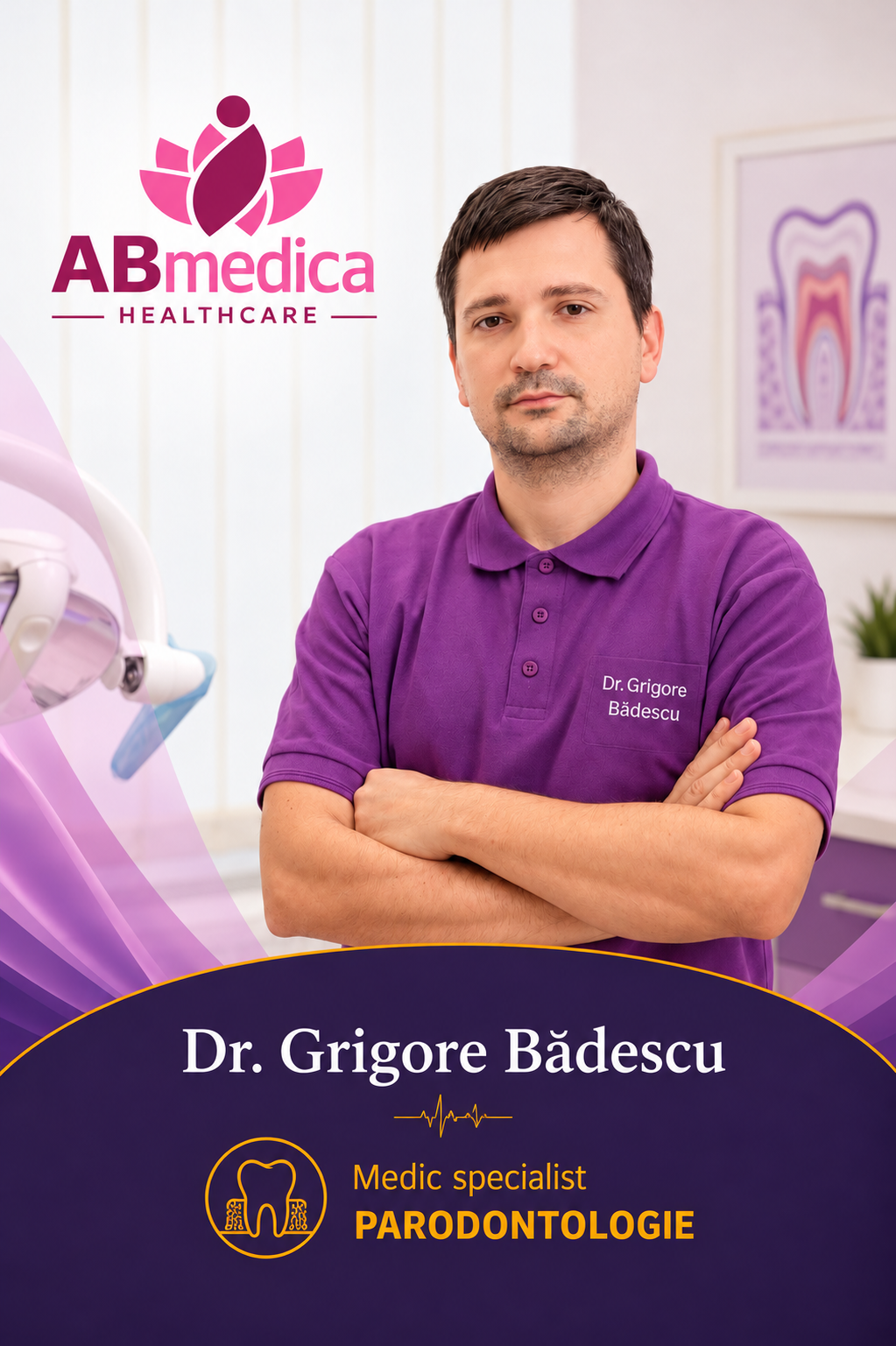 Dr. Grigore Bădescu, medic specialist Parodontologie la Clinica AB Medica din Pitești, fotografiat în cabinetul stomatologic.